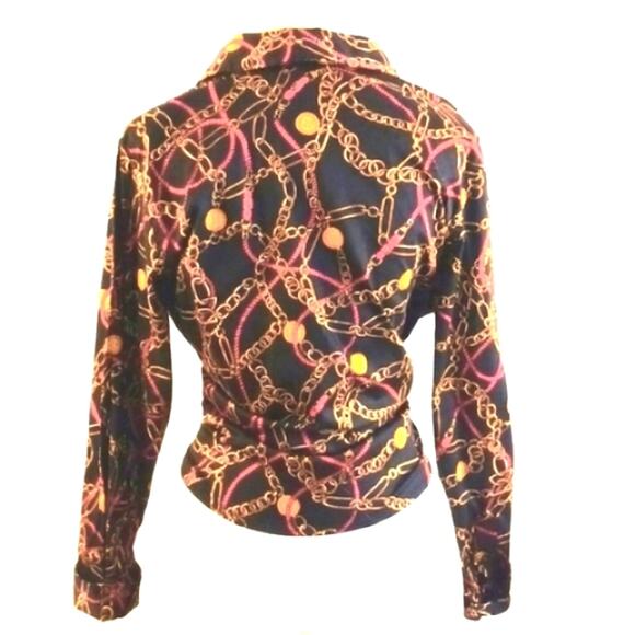 Charter Club Long Sleeve Shirt Sz 12 Abstract Gold Chains Equestrian Career Y2K - Picture 8 of 13